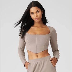 Alo yoga soft sculpt long sleeve corset bra top built in taupe brown nude small